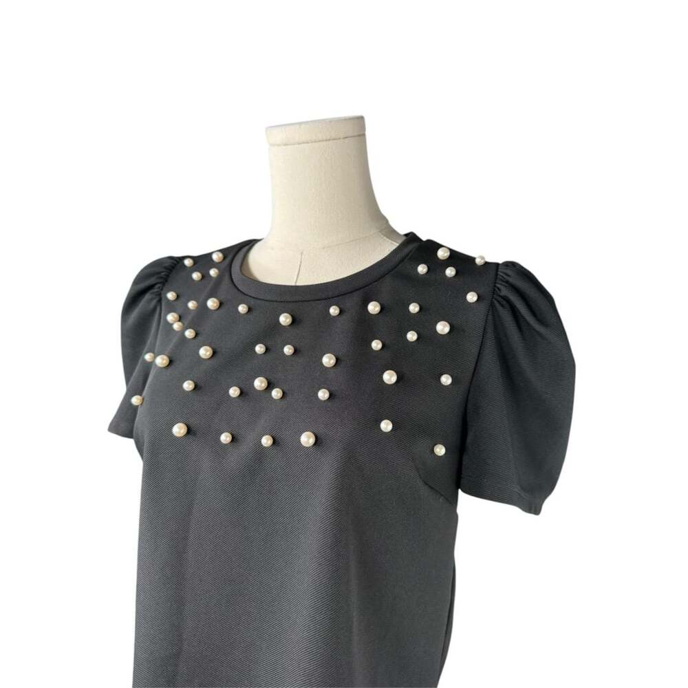BCBGeneration Black Short Puff Sleeve Pearl Embellished Top Sz. M - Picture 4 of 5